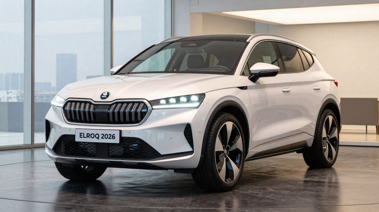 Carro SUV branco Skoda Elroq 2026 exibido em ambiente interno moderno e iluminado.
