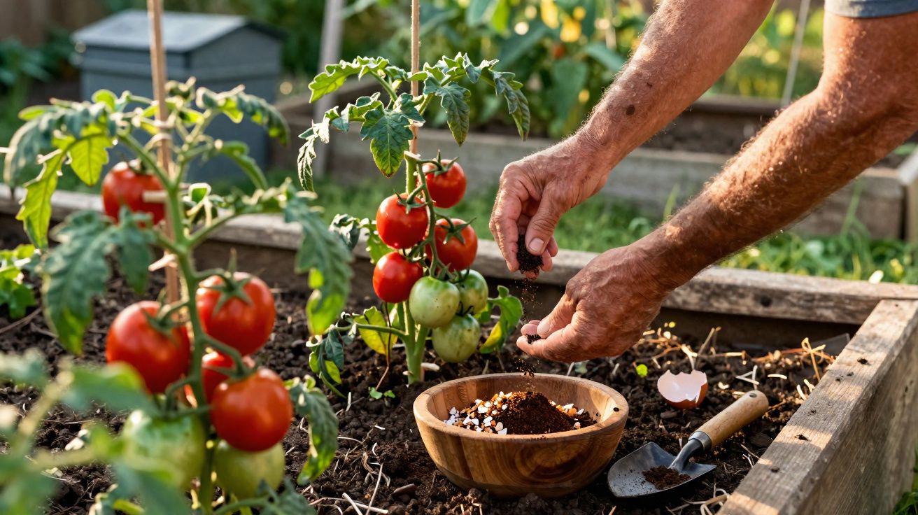 Mãos plantando adubo em horta com pés de tomate maduros vermelhos e verdes, pá e casca de ovo.