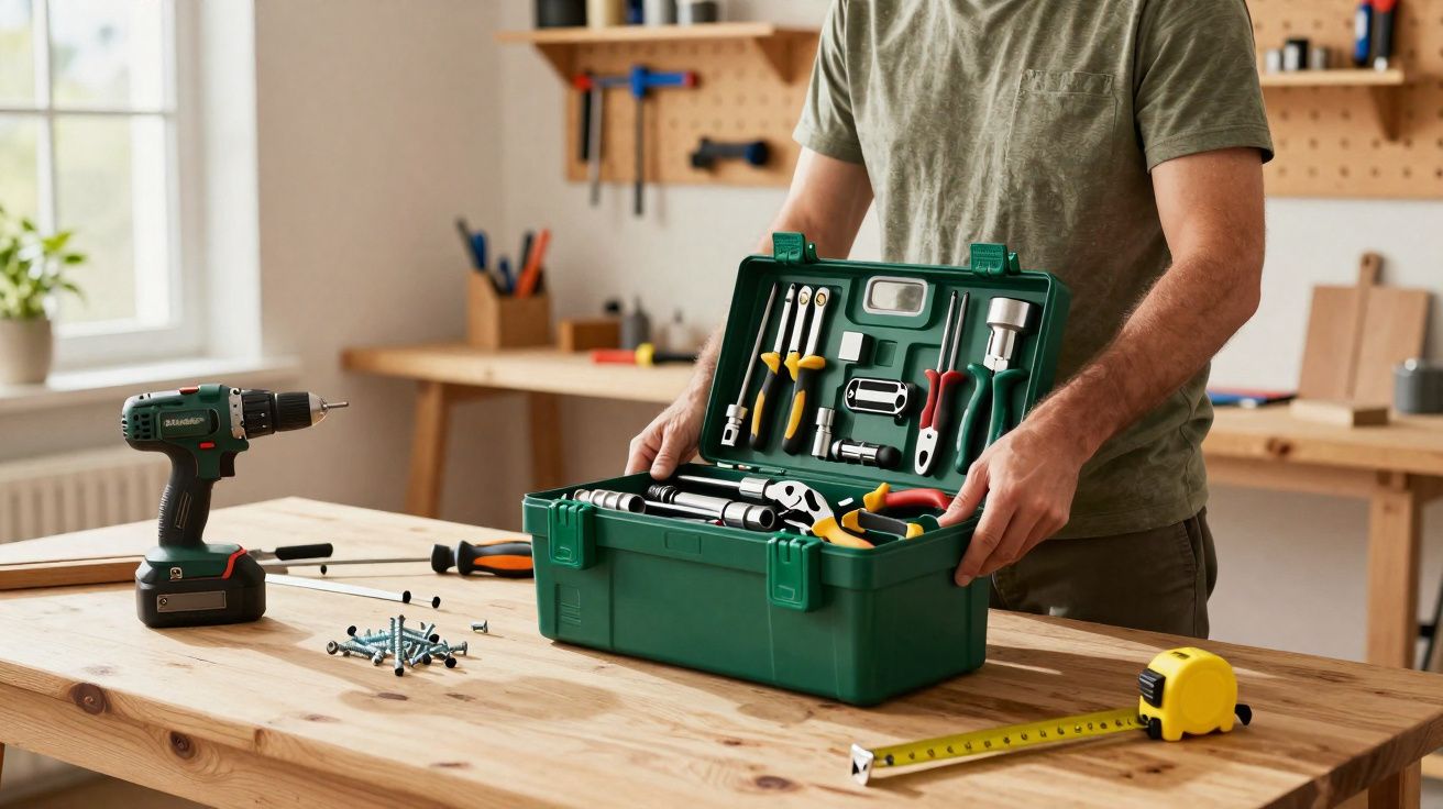 Pessoa abrindo caixa verde de ferramentas sobre mesa de madeira em ambiente de marcenaria iluminado.
