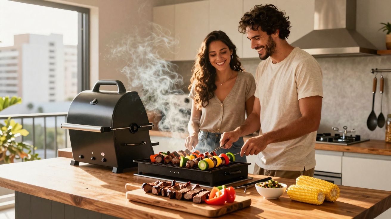 Casal sorrindo prepara espetinhos e legumes em churrasqueira elétrica dentro de cozinha moderna.
