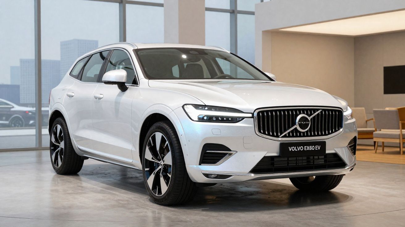 Carro elétrico Volvo EX60 EV branco exibido em showroom moderno com janelas amplas.