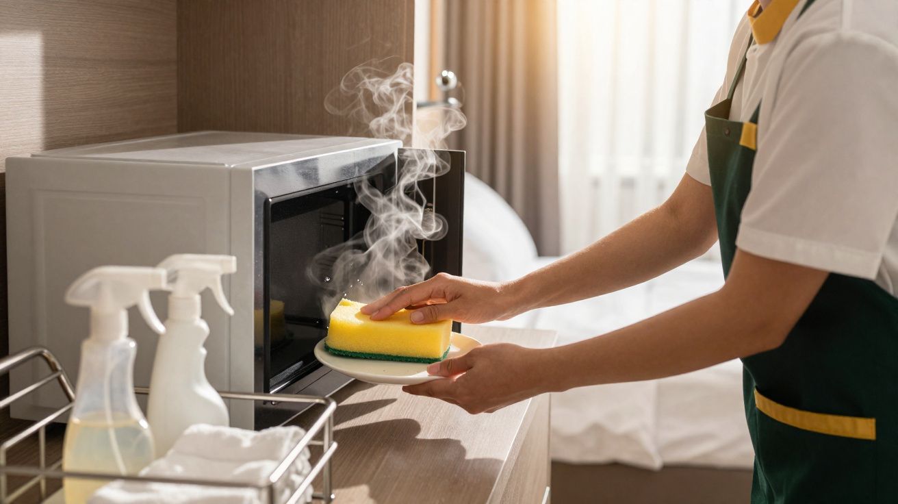 Pessoa limpando interior de micro-ondas com esponja amarela, com vapor saindo do aparelho.