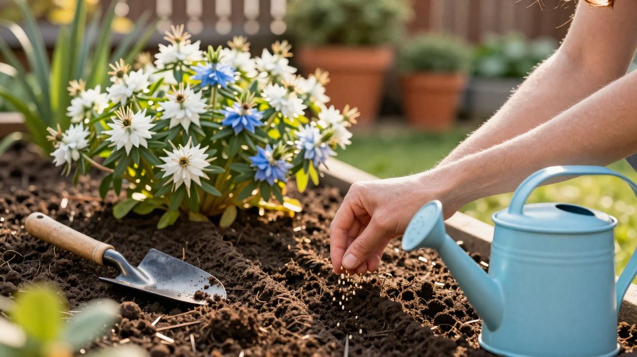 Pessoa plantando sementes em solo de horta com regador azul e flores brancas e azuis ao fundo.