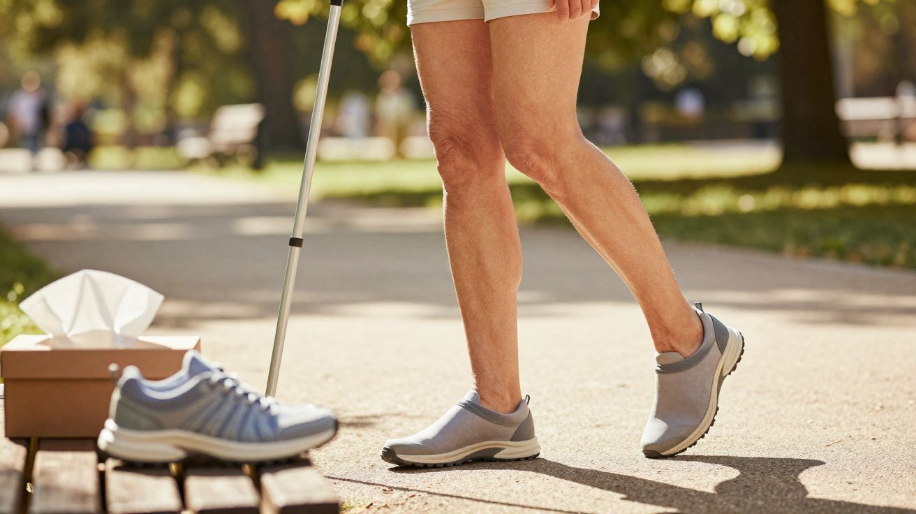 Pessoa andando com muleta no parque, vista das pernas e sapatos cinza, com banco e caixa de lenços ao lado.