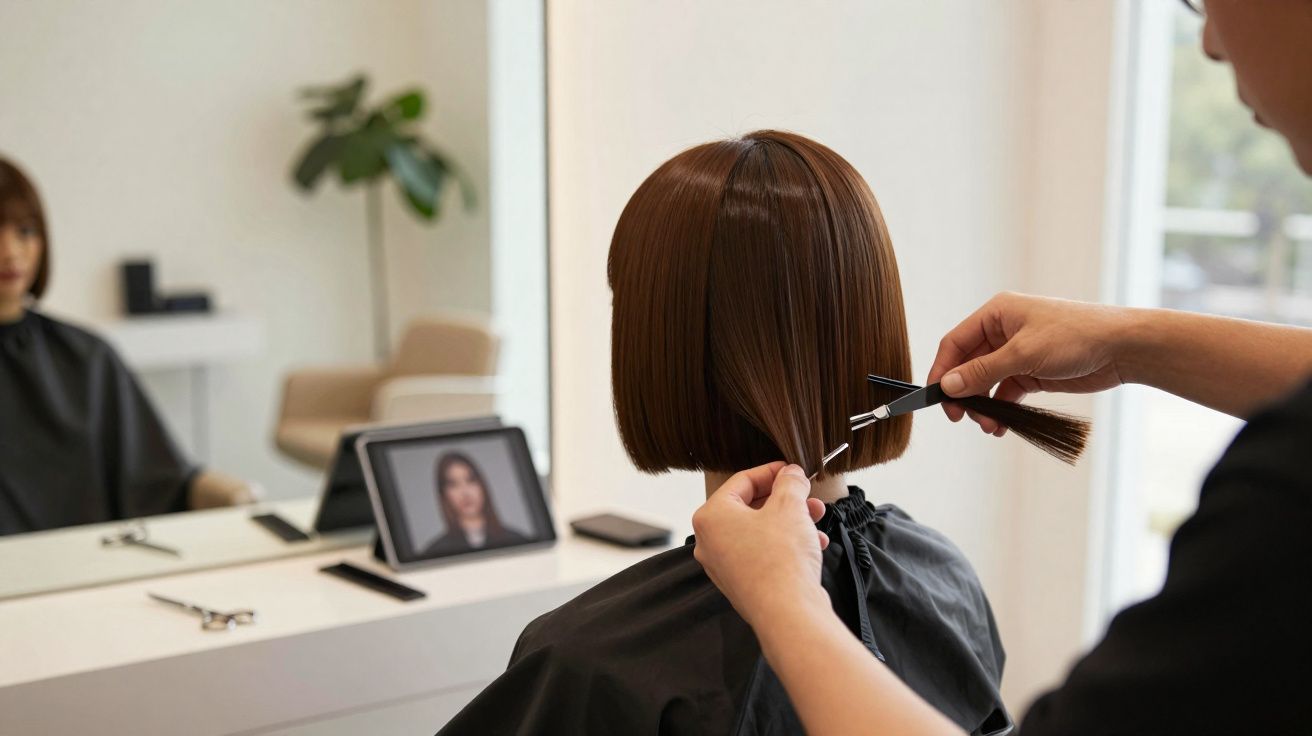 Pessoa cortando cabelo curto liso de outra em salão moderno com espelho e tablet na mesa.