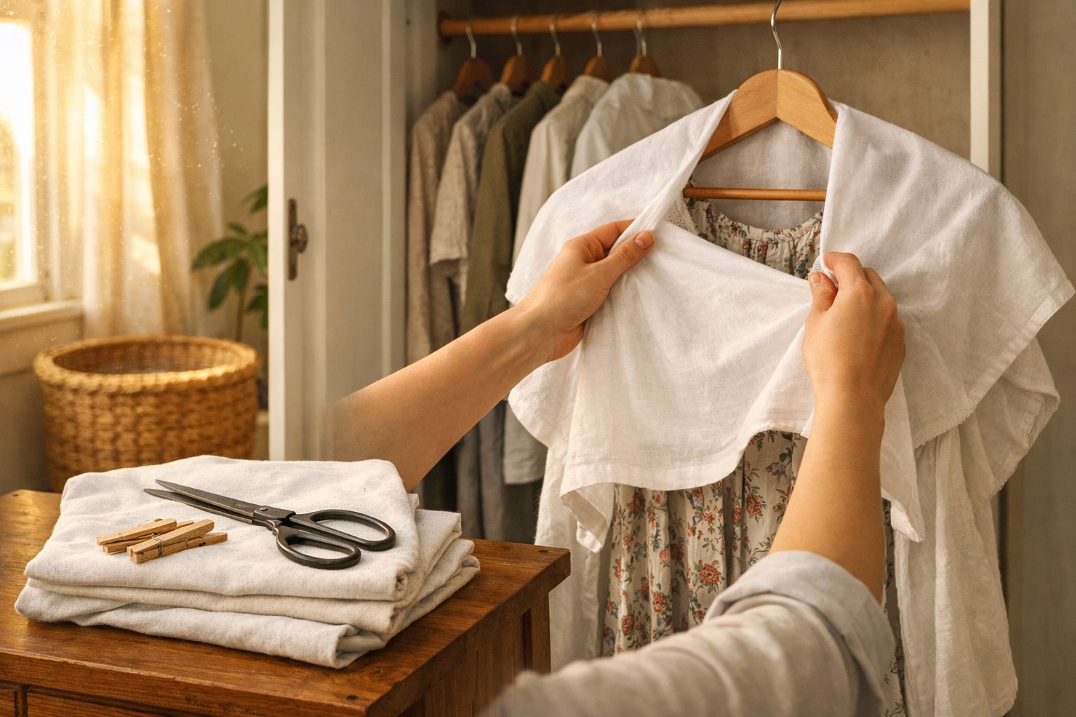 Pessoa organizando roupas em cabide em ambiente com luz natural e mesa com tecidos, tesoura e pregadores.