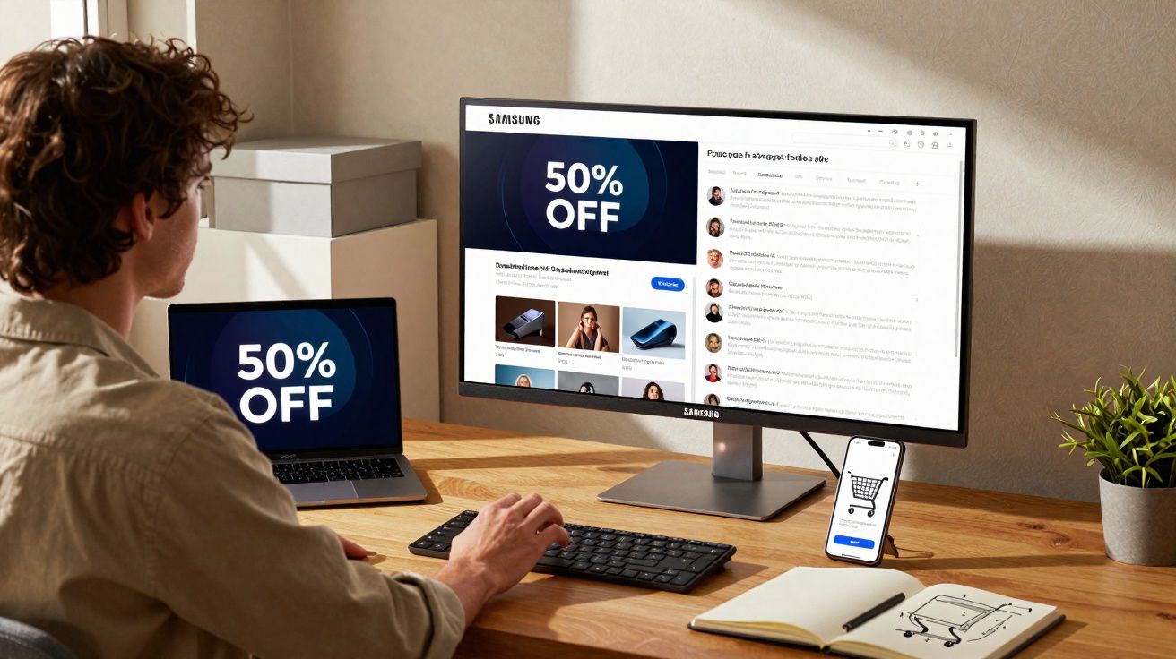 Pessoa usando computador e celular para fazer compras online com desconto de 50% em ambiente de escritório doméstico.