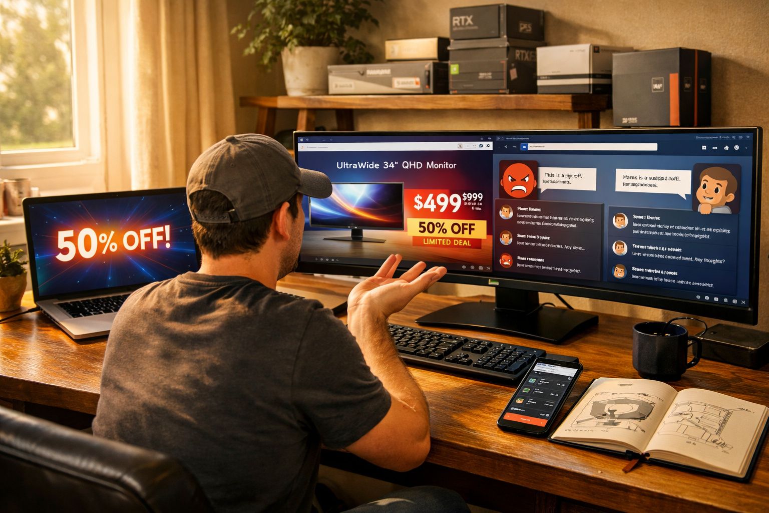 Homem sentado em mesa com vários dispositivos vendo oferta de monitor ultrawide com 50% de desconto na tela.