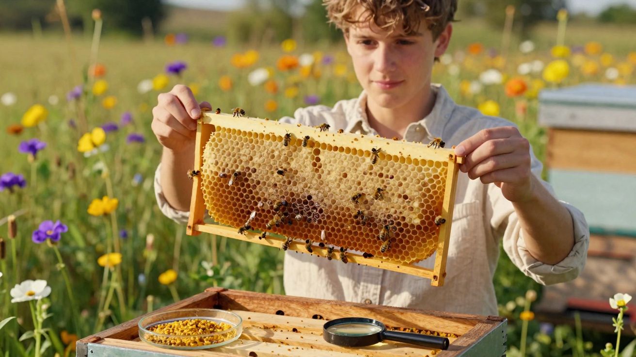 Jovem homem segurando quadro de favo de mel com abelhas em campo florido.