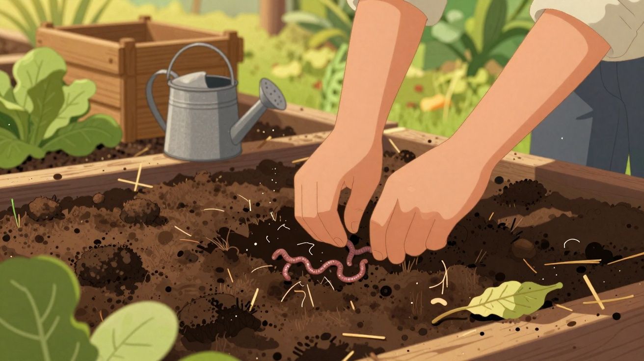 Mãos segurando minhocas na terra de uma horta com regador e plantas ao redor em dia ensolarado.