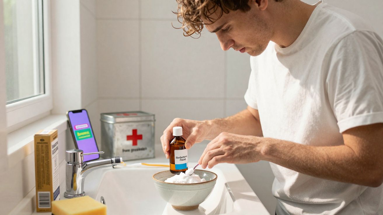 Homem prepara mistura com pó branco e frasco em banheiro iluminado, perto de celular e kit de primeiros socorros.