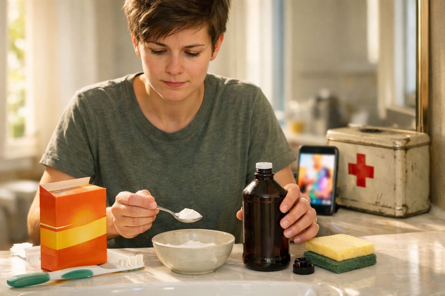 Pessoa preparando remédio caseiro com colher de pó, frasco e utensílios sobre mesa em ambiente iluminado.