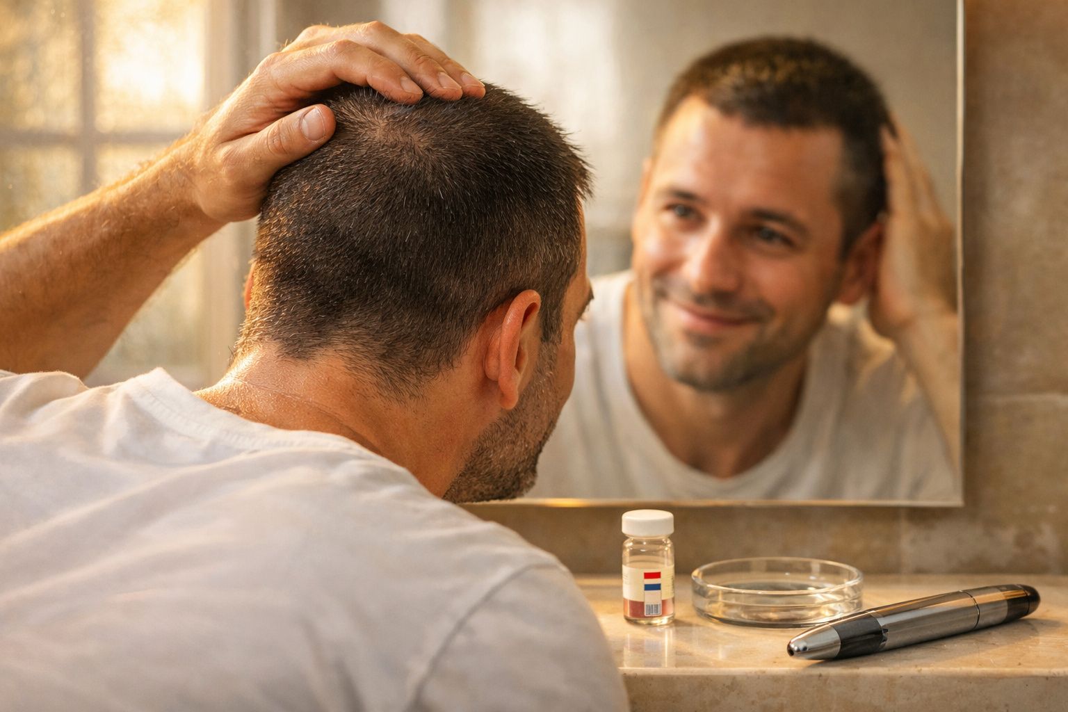 Homem olhando no espelho e tocando a cabeça enquanto observa produtos para tratamento capilar na pia.