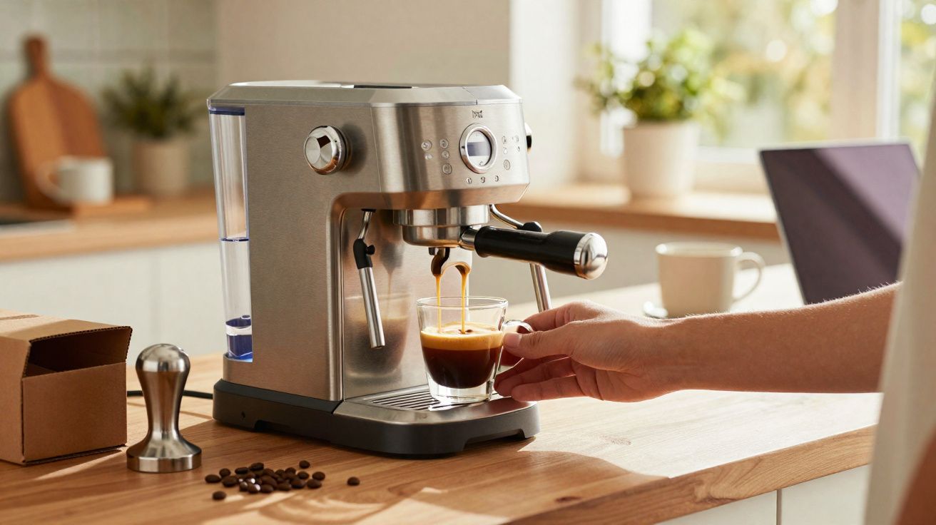 Máquina de café espresso preparando café em xícara transparente em bancada de cozinha iluminada.