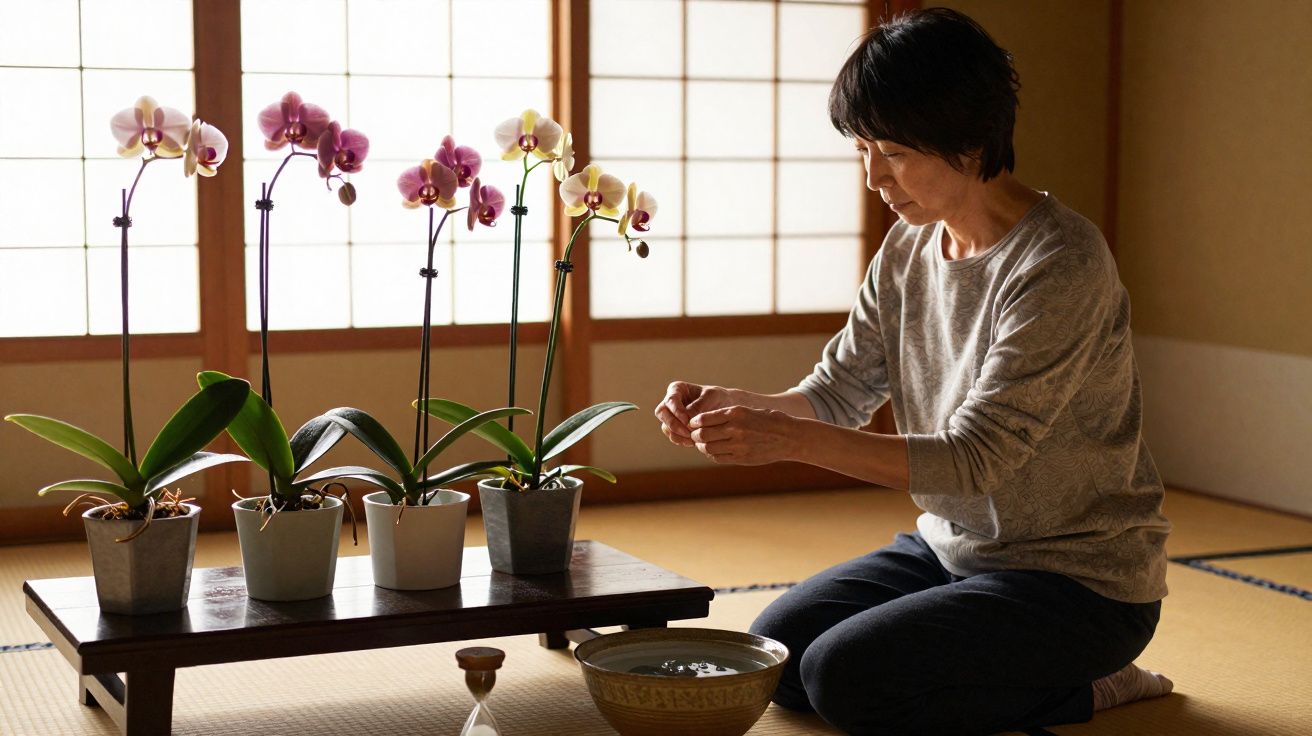 Mulher sentada no chão cuidando de orquídeas em vasos sobre mesa baixa em ambiente iluminado e tradicional.