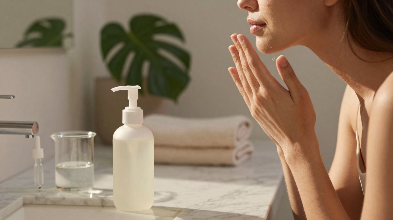 Mulher aplicando creme facial em banheiro com frasco, copo de vidro e toalhas dobradas no fundo.