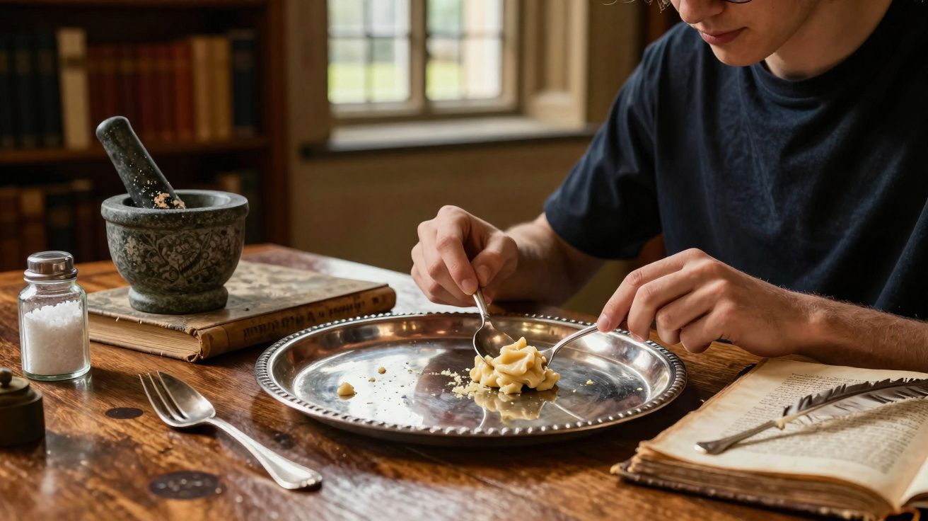 Pessoa comendo pequena porção de purê com garfo e colher em bandeja metálica, em mesa com livros e almofariz.