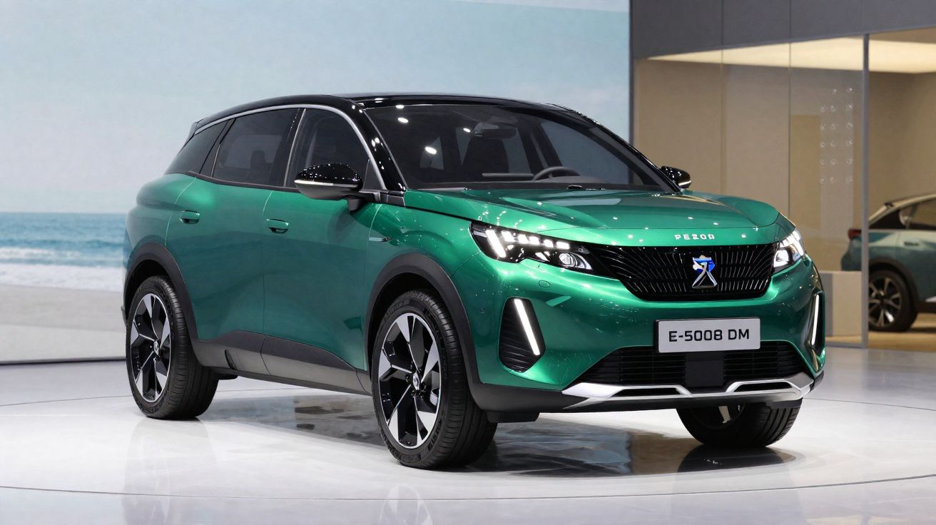 SUV elétrico verde Peugeot E-5008 DM exposto em showroom moderno com teto preto e rodas pretas e prateadas.