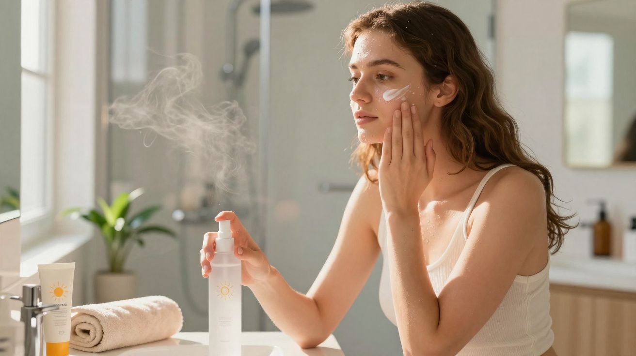 Jovem aplica creme facial e usa spray em ambiente claro de banheiro moderno.