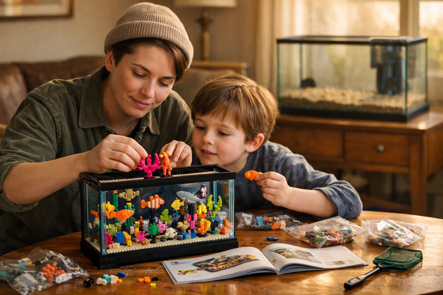 Mulher e criança montam aquário de LEGO colorido em mesa com livro de instruções e pacotes de peças.