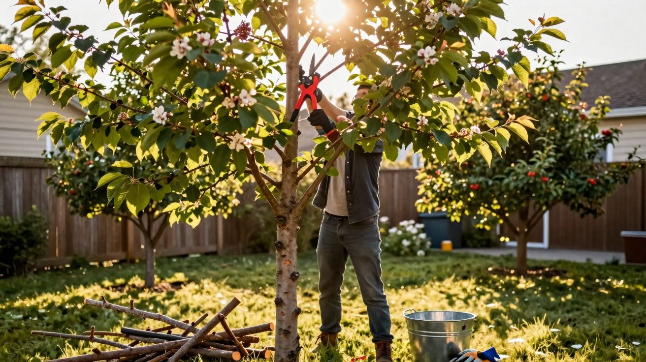 Pessoa podando árvore florida em jardim residencial ao pôr do sol com ferramentas e galhos no chão.