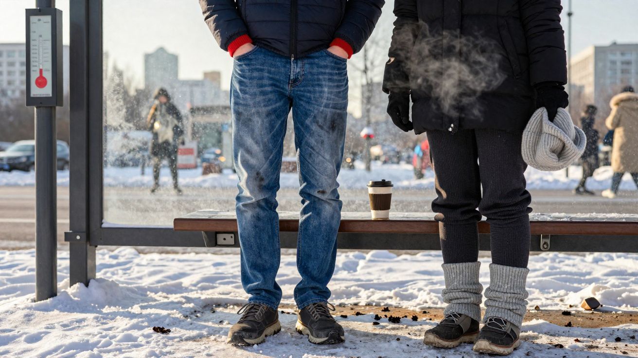 Duas pessoas vestindo roupas de frio em ponto de ônibus com neve no chão e termômetro marcando temperatura baixa.