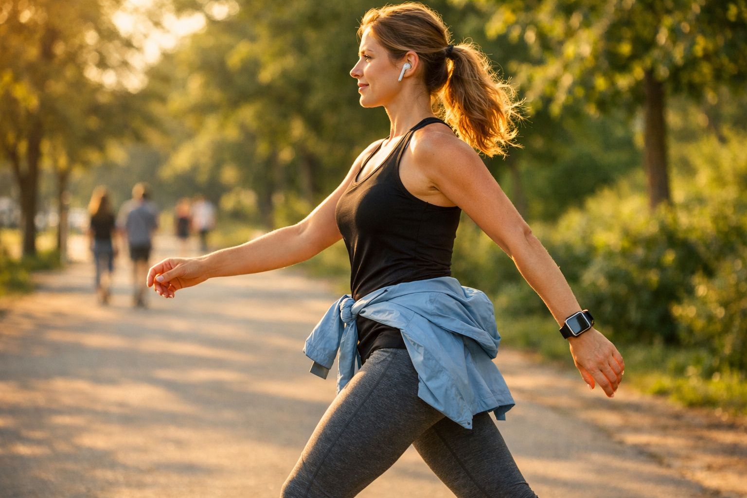 Mulher caminhando ao ar livre com roupas esportivas, fones de ouvido e relógio inteligente em dia ensolarado.