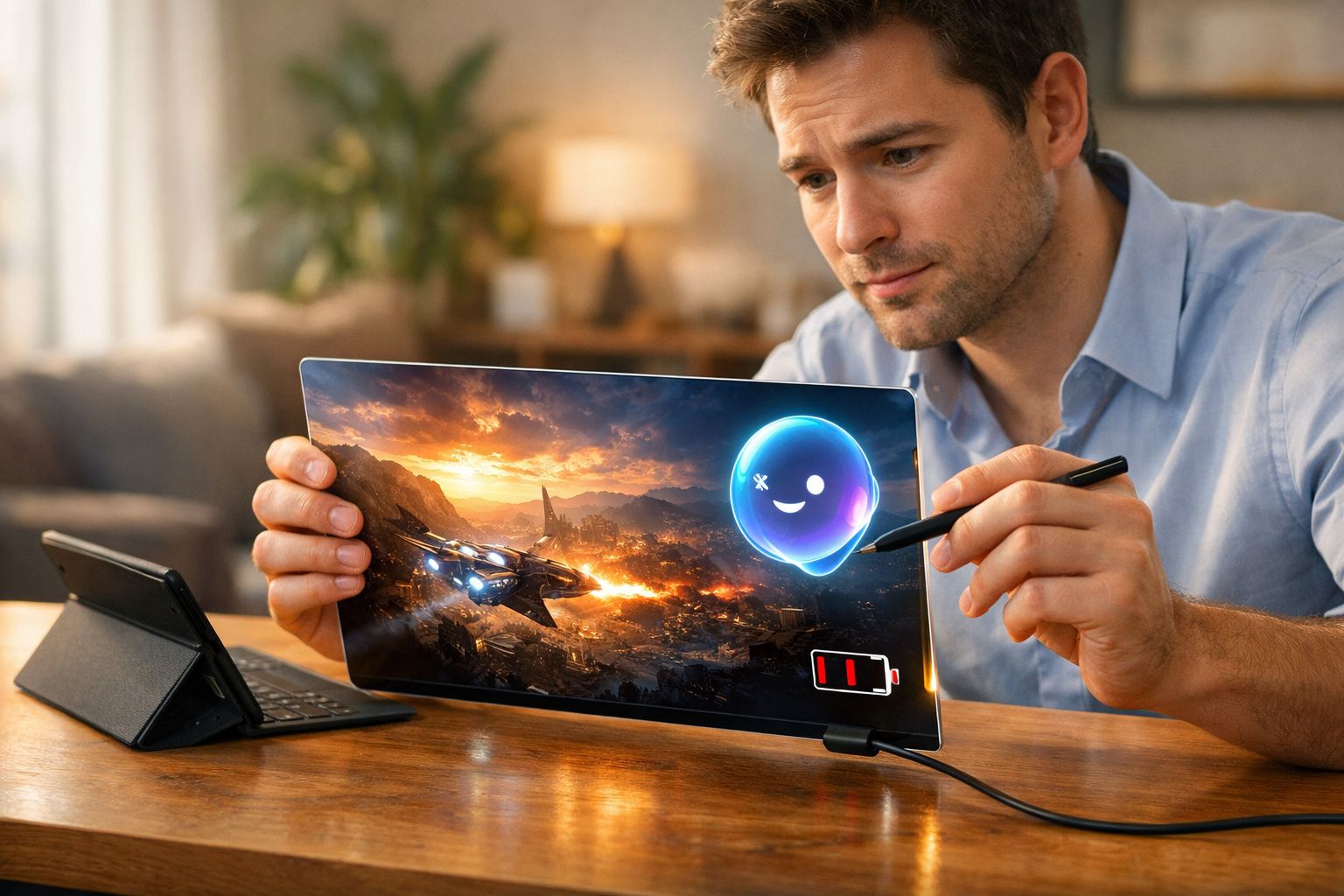 Homem usando caneta para interagir com tela de tablet que mostra jogo e ícone de bateria baixa.