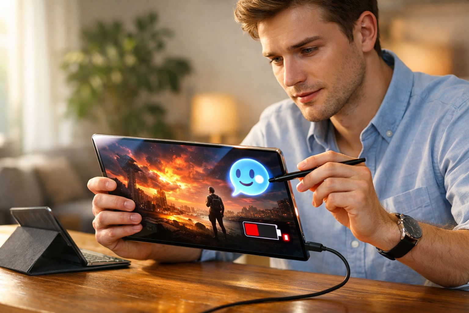 Homem usando caneta para interagir com tablet que mostra jogo e ícone de bateria baixa na tela.