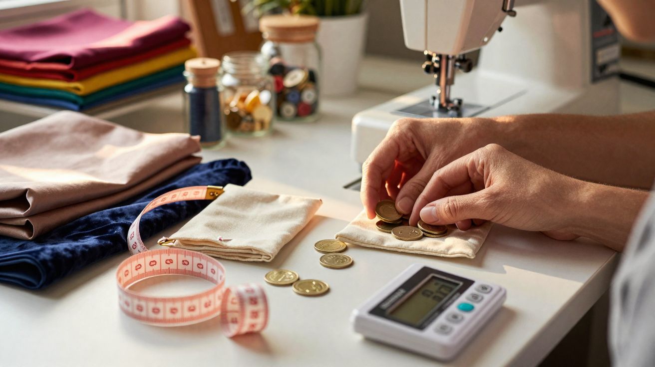 Pessoa contando moedas ao lado de máquina de costura, tecidos, fita métrica e calculadora em mesa branca.
