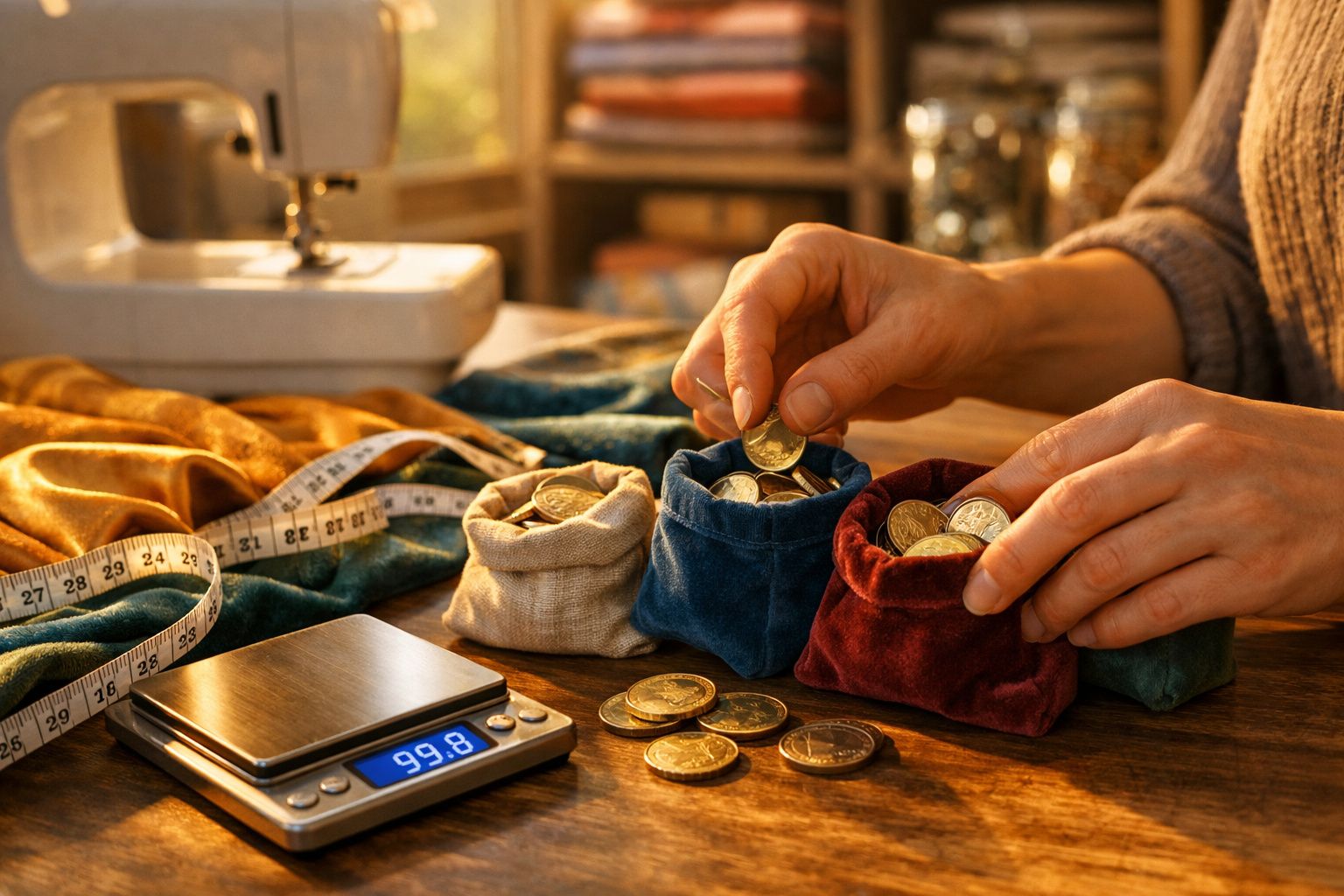 Mãos organizando moedas em pequenos sacos coloridos ao lado de balança digital e fita métrica sobre mesa de madeira.