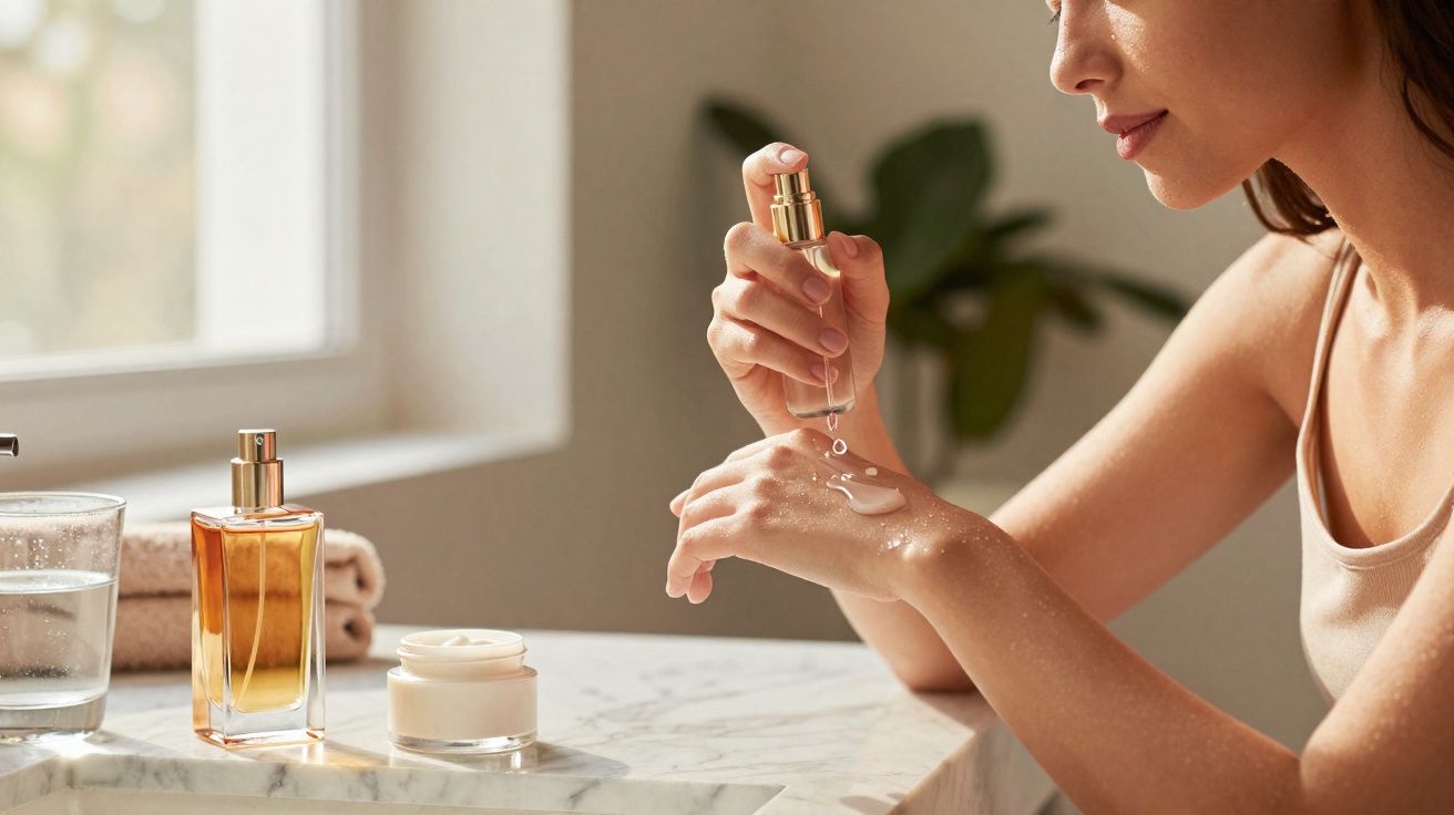 Mulher aplicando sérum facial nas mãos com frascos de cosméticos sobre bancada de mármore.