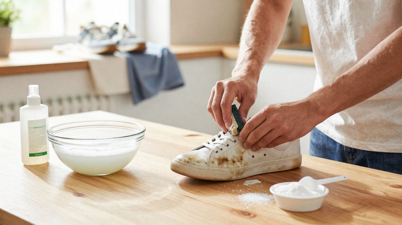 Pessoa limpando tênis branco sujo sobre mesa de madeira com produtos de limpeza ao lado.