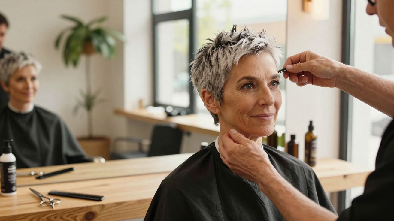 Mulher de cabelos curtos grisalhos recebendo maquiagem em salão de beleza moderno.