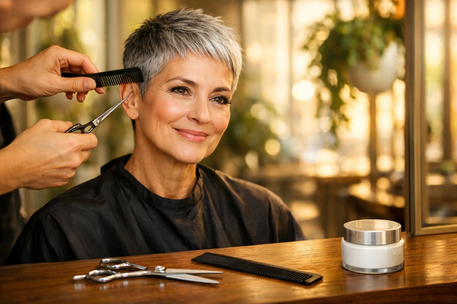 Mulher sorrindo enquanto recebe corte de cabelo curto em salão com luz natural ao fundo.