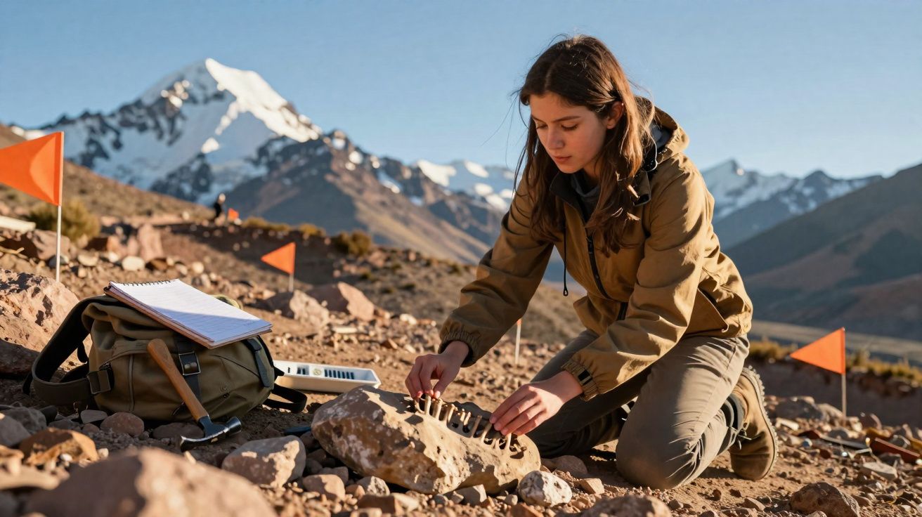 Jovem estudando arqueologia em área montanhosa com equipamentos e anotações ao redor.