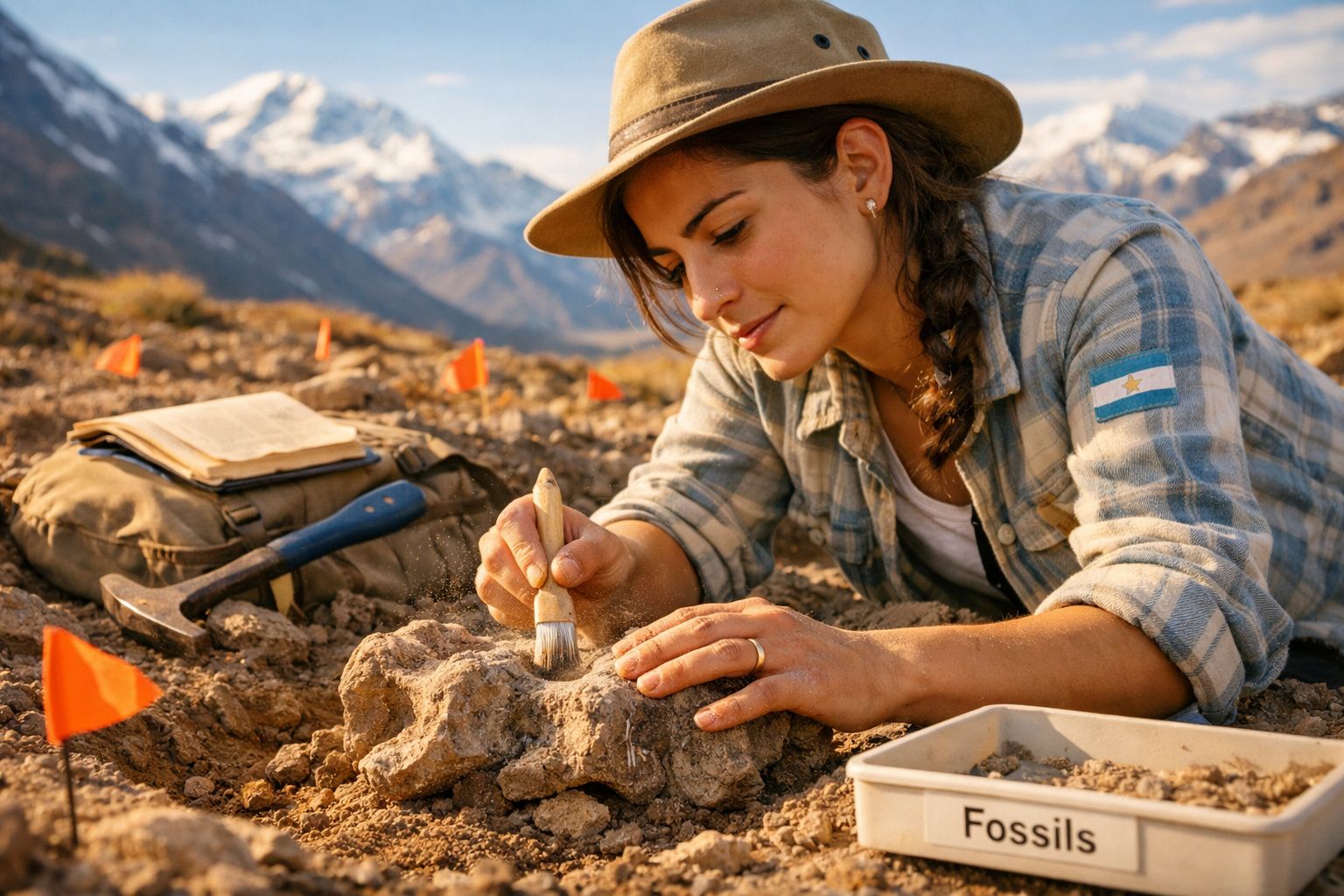 Mulher jovem escavando fóssil com pincel em sítio arqueológico montanhoso ao ar livre.