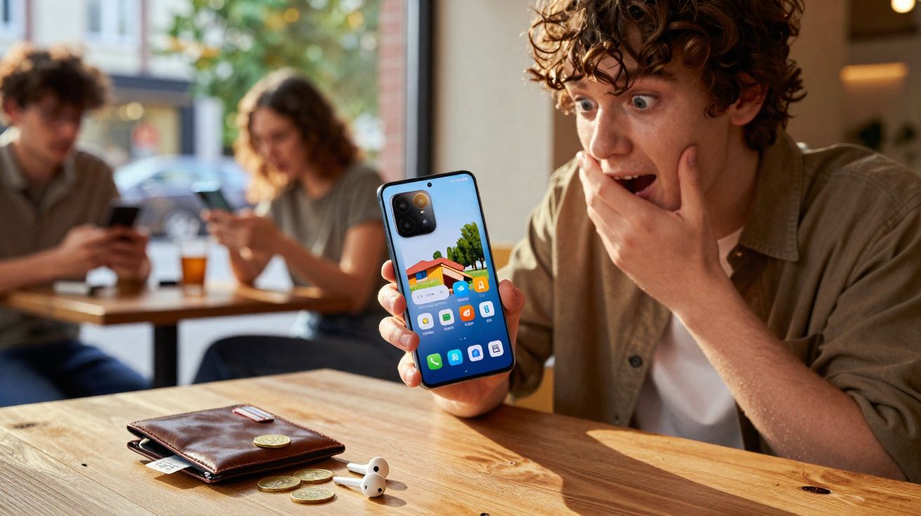 Jovem surpreso mostrando celular com tela colorida em mesa com carteira, moedas e fones sem fio.