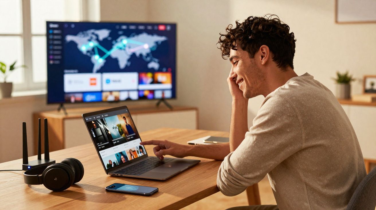 Jovem sorrindo usando laptop em mesa com fones e celular, TV ao fundo mostrando mapa mundi.