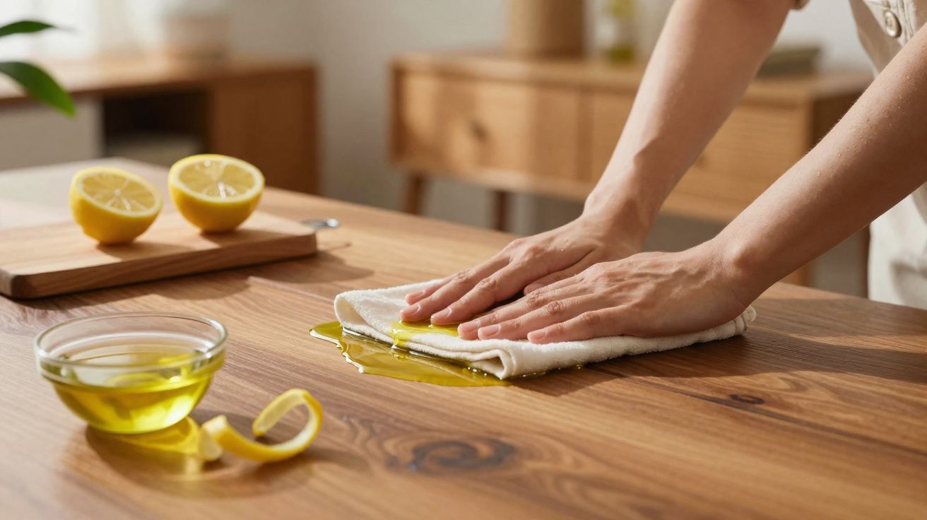 Mãos limpando óleo derramado em mesa de madeira com pano branco e limões cortados ao fundo.