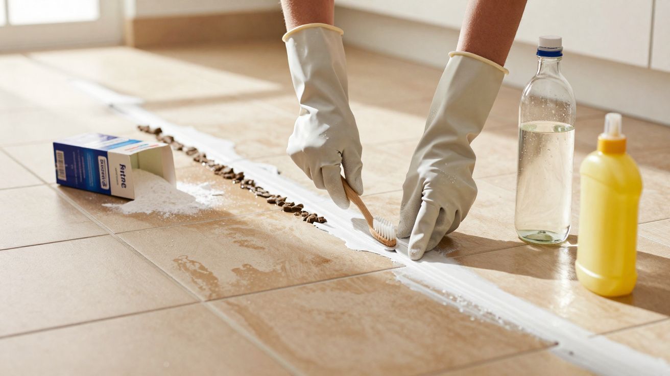 Pessoa com luvas limpando rejunte do piso cerâmico usando escova de dentes, produto de limpeza e bicarbonato.