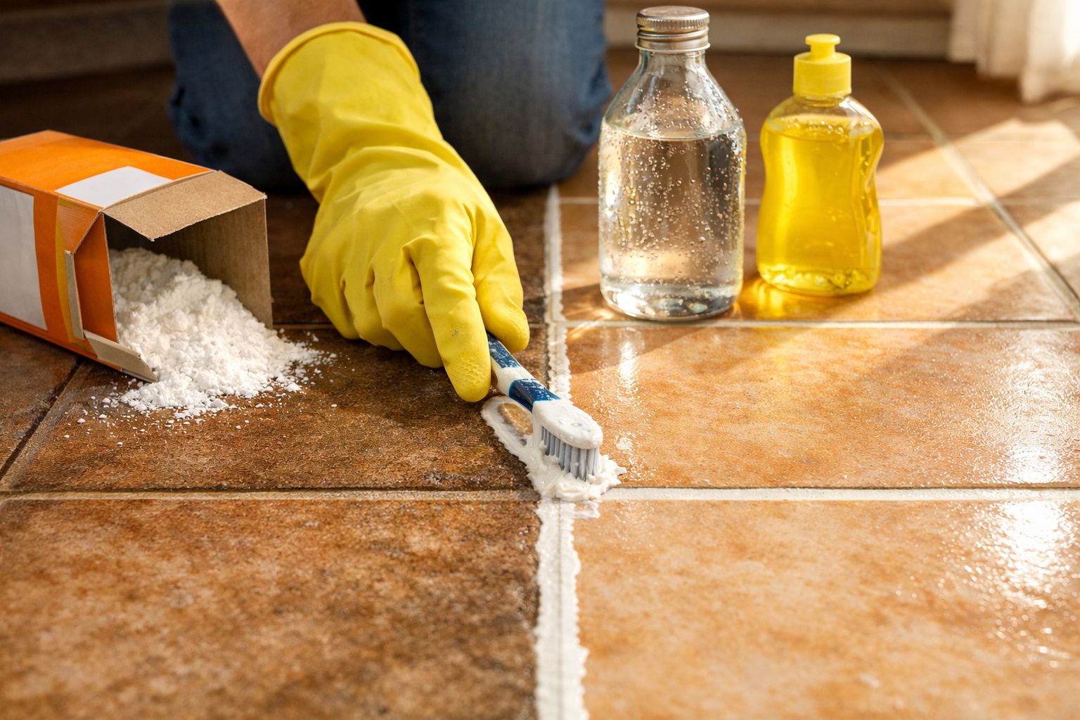 Mão com luva amarela limpando rejunte de piso cerâmico com escova, bicarbonato e produtos de limpeza ao lado.