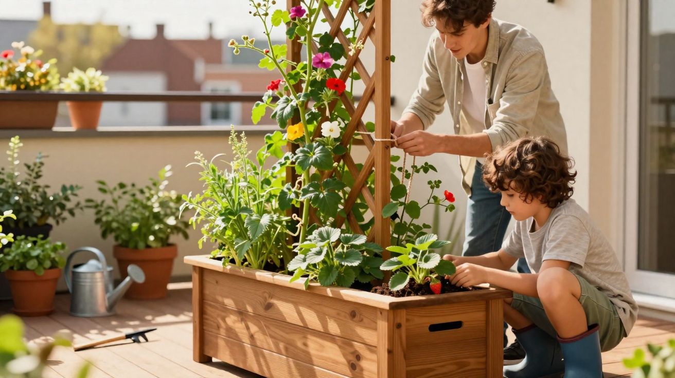 Adulto e criança cuidando de plantas e flores em um jardim elevado em varanda ensolarada.