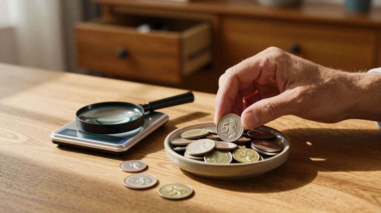Mão segurando moeda sobre prato com outras moedas, lupa e calculadora em mesa de madeira.
