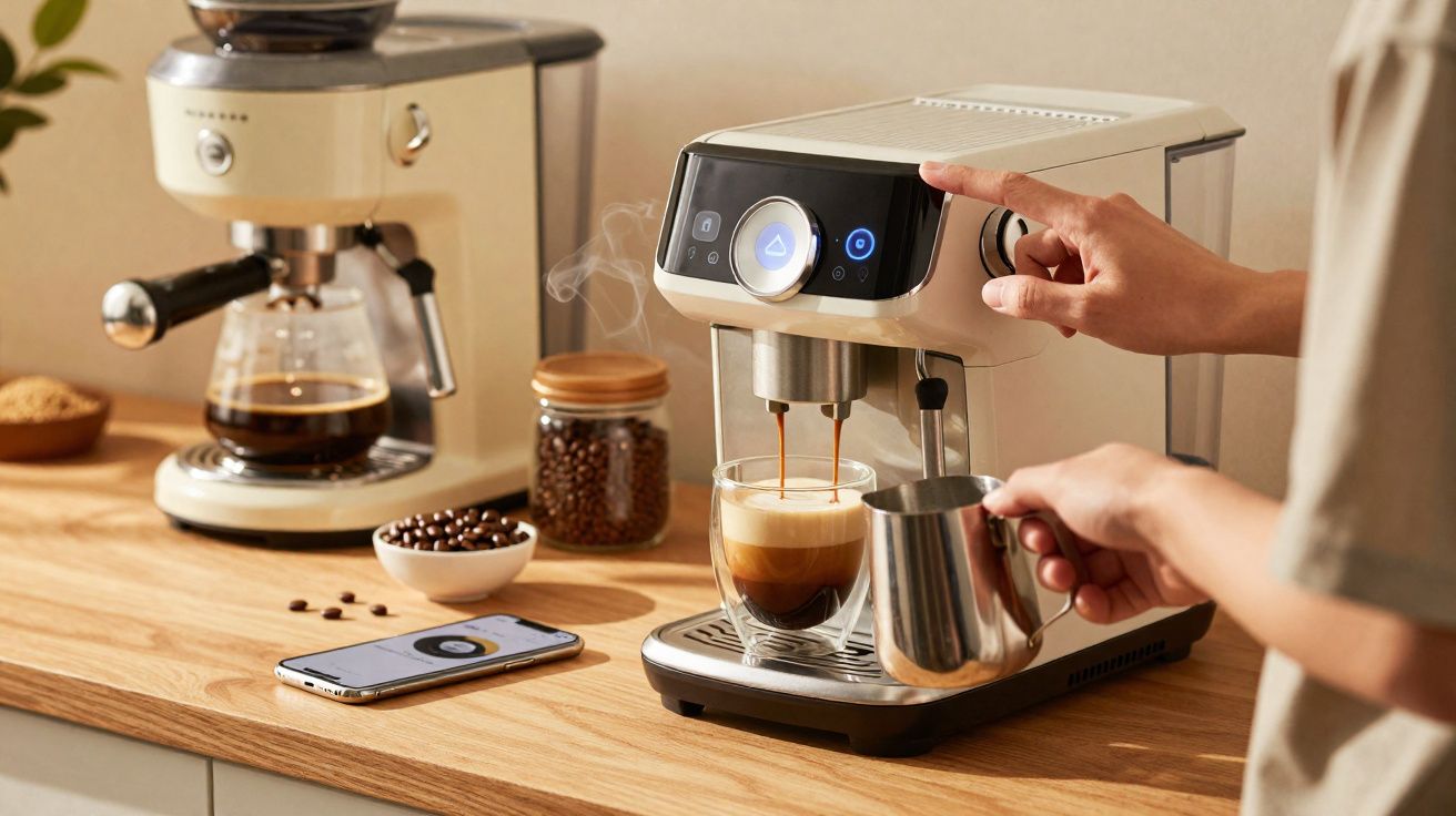 Mãos operando cafeteira automática preparando café e espuma com jarra de leite em bancada de madeira.