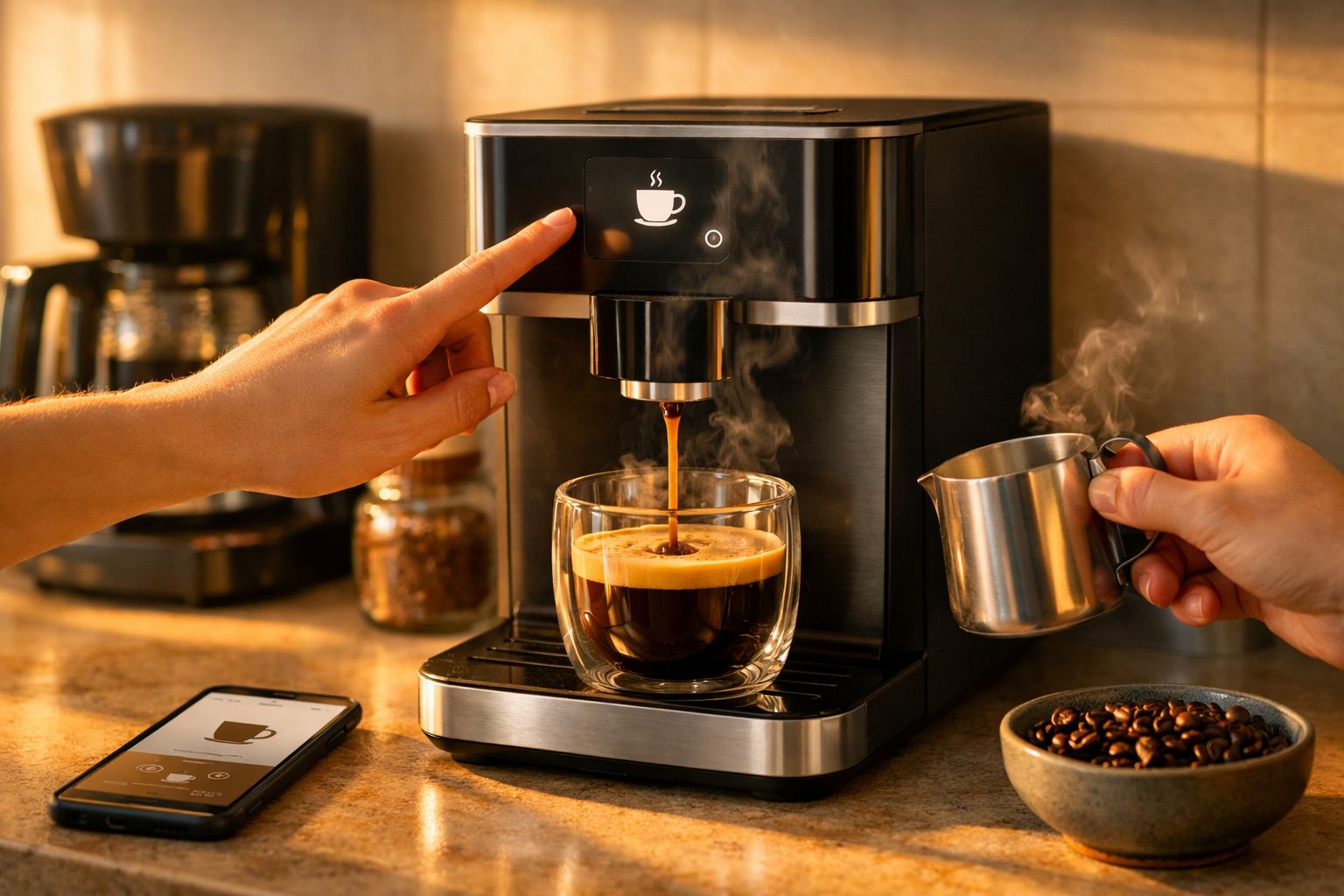Cafeteira preta preparando café expresso em copo de vidro dupla camada, com duas mãos operando o aparelho.