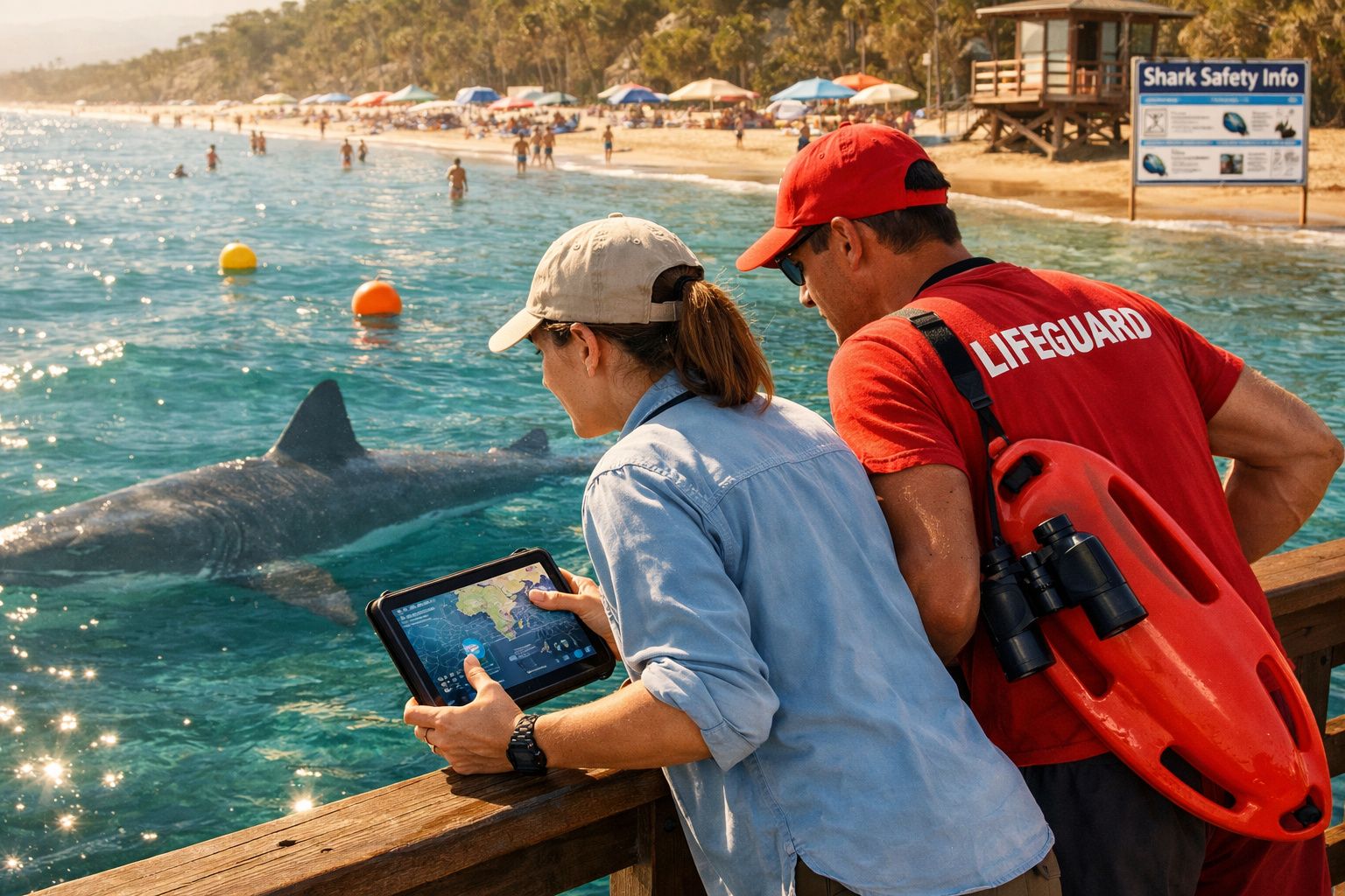 Dois salva-vidas observam um grande tubarão perto da costa, uma mulher segura um tablet com mapa na mão.