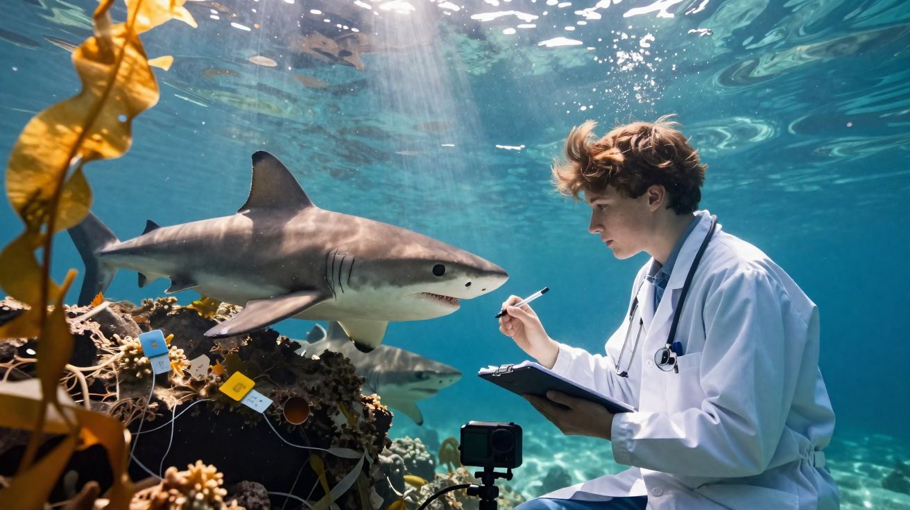Jovem cientista mergulhado observa e anota dados enquanto tubarão nada próximo no fundo do mar.