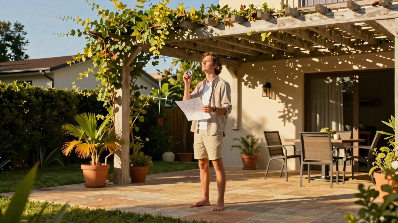 Homem descalço segurando planta e câmera, em varandas ensolarada com plantas e móveis de jardim.
