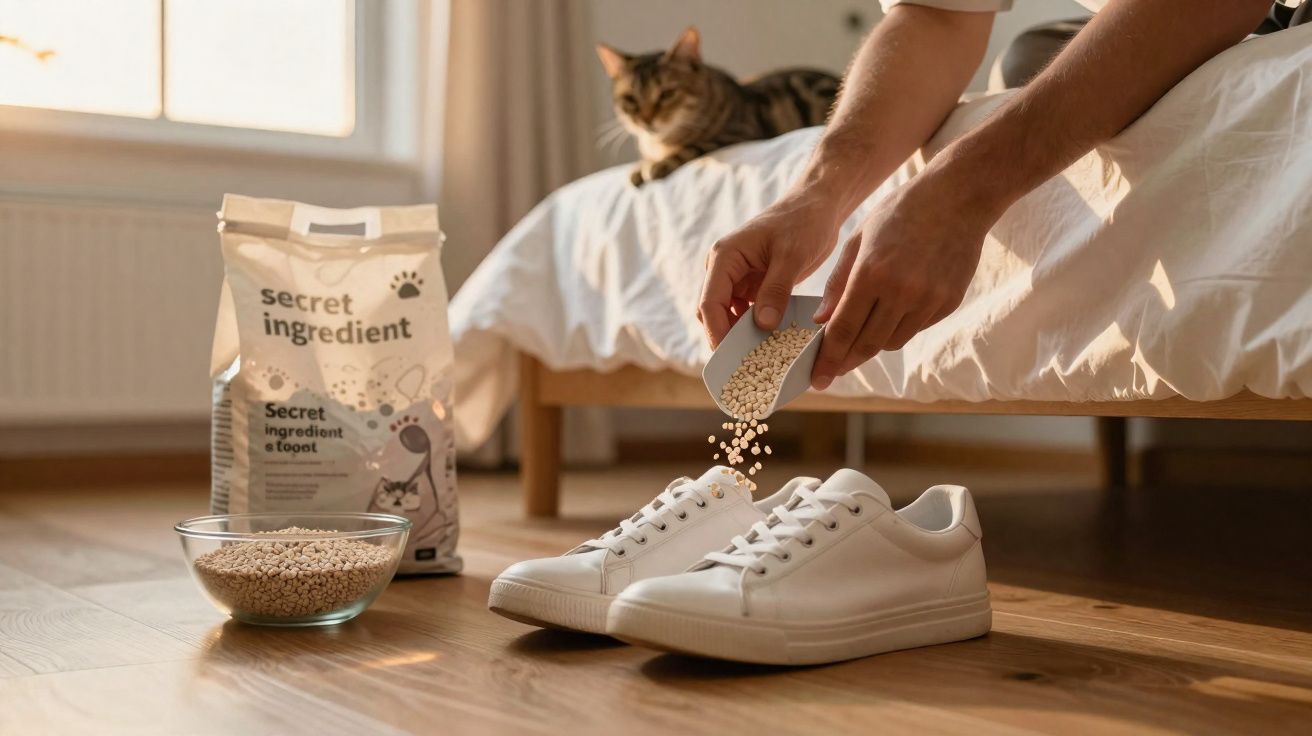 Pessoa jogando grânulos absorventes em tênis brancos, com gato no background sobre a cama.